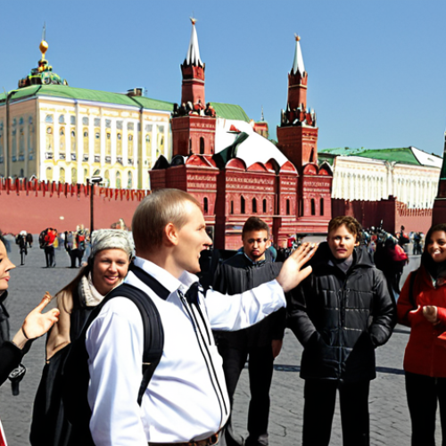 Home 4 **Image Prompt:** A charismatic tour guide in Moscow, gesturing towards the Kremlin, with a diverse group of tourists listening attentively. The scene should convey a sense of cultural immersion and historical discovery.