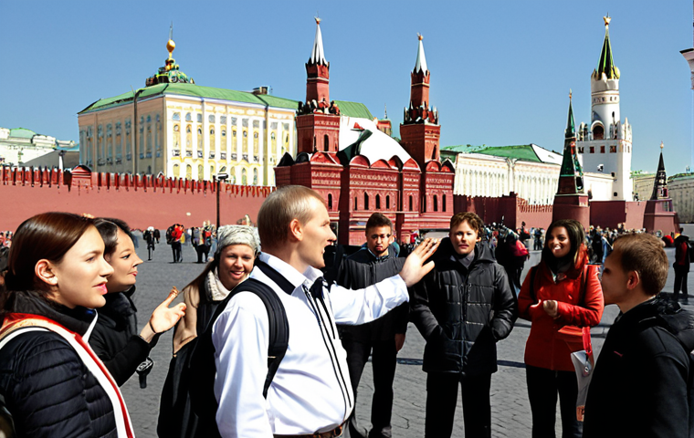 **Image Prompt:** A charismatic tour guide in Moscow, gesturing towards the Kremlin, with a diverse group of tourists listening attentively. The scene should convey a sense of cultural immersion and historical discovery.