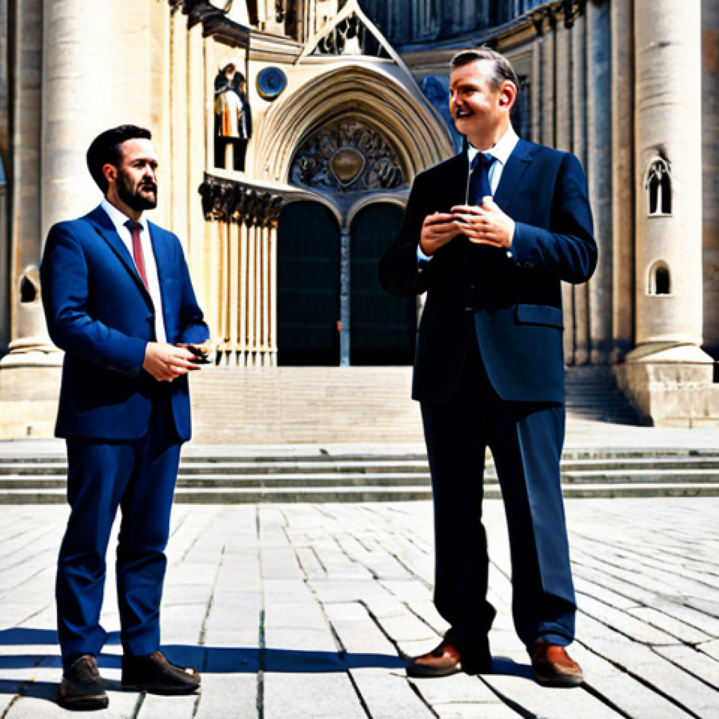 A male tour guide, dressed in a modest business suit, stands formally presenting historical facts with a microphone to a small, passive group of tourists. They are gathered in front of an ancient, grand European cathedral, under a clear sky. The scene captures a traditional, fact-focused presentation style. fully clothed, appropriate attire, safe for work, professional, perfect anatomy, correct proportions, natural pose, well-formed hands, proper finger count, natural body proportions, professional photography, high quality, appropriate content, family-friendly.