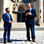 A male tour guide, dressed in a modest business suit, stands formally presenting historical facts with a microphone to a small, passive group of tourists. They are gathered in front of an ancient, grand European cathedral, under a clear sky. The scene captures a traditional, fact-focused presentation style. fully clothed, appropriate attire, safe for work, professional, perfect anatomy, correct proportions, natural pose, well-formed hands, proper finger count, natural body proportions, professional photography, high quality, appropriate content, family-friendly.