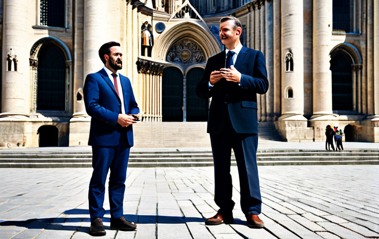 A male tour guide, dressed in a modest business suit, stands formally presenting historical facts with a microphone to a small, passive group of tourists. They are gathered in front of an ancient, grand European cathedral, under a clear sky. The scene captures a traditional, fact-focused presentation style. fully clothed, appropriate attire, safe for work, professional, perfect anatomy, correct proportions, natural pose, well-formed hands, proper finger count, natural body proportions, professional photography, high quality, appropriate content, family-friendly.