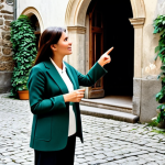A professional female tour guide, fully clothed in a modest, stylish, and comfortable blazer and trousers, engaging a small group of attentive tourists in a historic European city's hidden courtyard. She is pointing towards an intricate architectural detail on a centuries-old building, her expression animated and passionate as she shares a captivating story. The background features cobblestone paths, old stone walls, and subtle touches of green ivy. The scene is well-lit with soft, natural light, creating a warm and inviting atmosphere. Professional photography, high detail, perfect anatomy, correct proportions, natural pose, well-formed hands, proper finger count. Safe for work, appropriate content, fully clothed, professional, family-friendly.