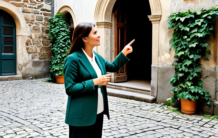 A professional female tour guide, fully clothed in a modest, stylish, and comfortable blazer and trousers, engaging a small group of attentive tourists in a historic European city's hidden courtyard. She is pointing towards an intricate architectural detail on a centuries-old building, her expression animated and passionate as she shares a captivating story. The background features cobblestone paths, old stone walls, and subtle touches of green ivy. The scene is well-lit with soft, natural light, creating a warm and inviting atmosphere. Professional photography, high detail, perfect anatomy, correct proportions, natural pose, well-formed hands, proper finger count. Safe for work, appropriate content, fully clothed, professional, family-friendly.