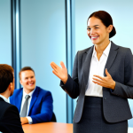 **

"A friendly, professional-looking woman in a modest, stylish business suit, giving a presentation in front of a group of diverse tourists. The background is a bright, modern conference room. She is smiling warmly and gesturing with her hands. Fully clothed, appropriate attire, safe for work, perfect anatomy, natural proportions, professional setting, modest, family-friendly."

**