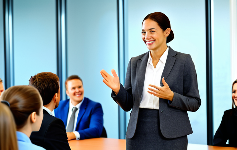 **

"A friendly, professional-looking woman in a modest, stylish business suit, giving a presentation in front of a group of diverse tourists. The background is a bright, modern conference room. She is smiling warmly and gesturing with her hands. Fully clothed, appropriate attire, safe for work, perfect anatomy, natural proportions, professional setting, modest, family-friendly."

**
