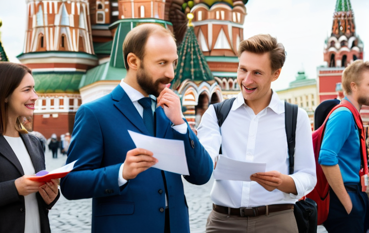 관광통역안내사 커뮤니티와 정보 공유 플랫폼 - **Prompt:** A diverse group of Russian tour guides, both male and female, in their 30s to 50s, profe...