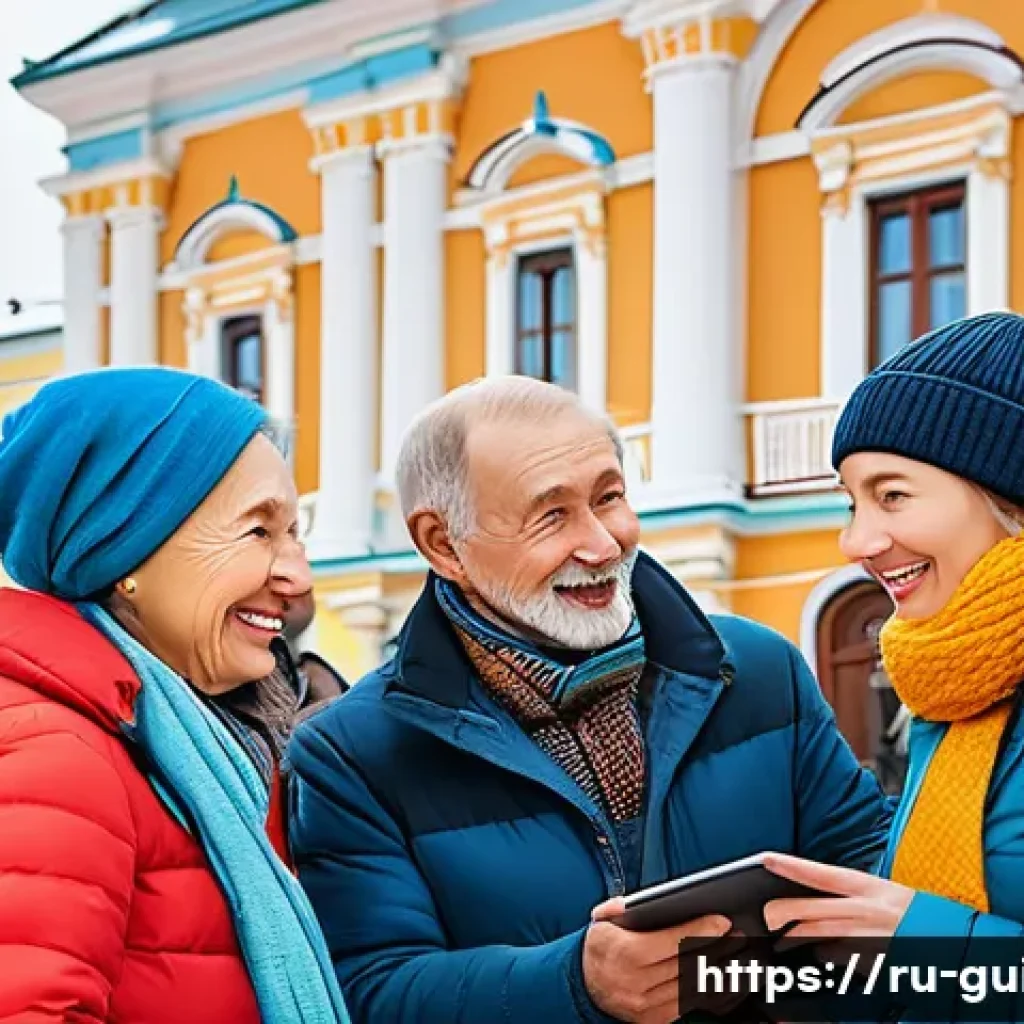 관광통역안내사로서 고객 감동 서비스 사례 - A lively guided tour group in a historic Russian city square, featuring a diverse mix of elderly and...