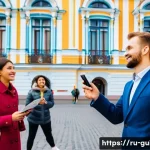 관광통역안내사 직업의 사회적 가치 - A professional tour guide and translator leading a diverse group of international tourists through t...