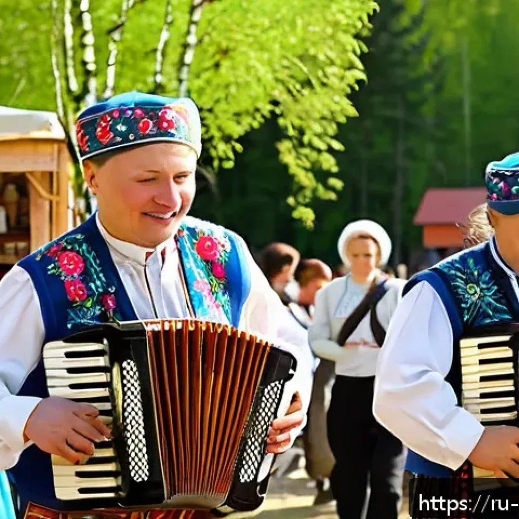 관광통역안내사로서 지역사회와의 협력 방법 - A vibrant outdoor cultural festival in a small Russian village during spring, featuring local reside...