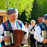 Home 22 관광통역안내사로서 지역사회와의 협력 방법 - A vibrant outdoor cultural festival in a small Russian village during spring, featuring local reside...