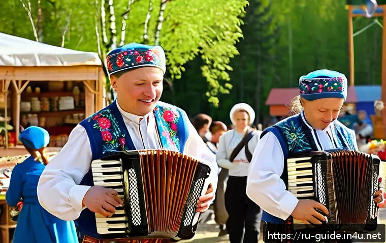 관광통역안내사로서 지역사회와의 협력 방법 - A vibrant outdoor cultural festival in a small Russian village during spring, featuring local reside...