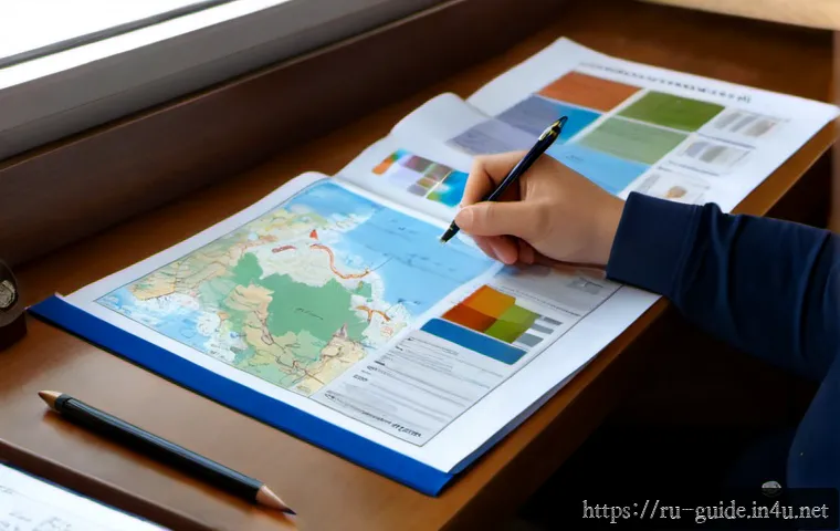 Home 17 관광통역안내사 시험 최신 기출문제 분석 - Photorealistic Russian tourism guide certification exam study scene, focused adult candidate at a ti...